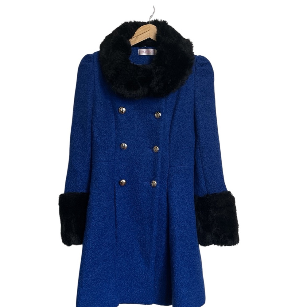 Penny Lane Royal Blue Double Breasted Faux Fur Textured Wool Pea Coat Juniors L